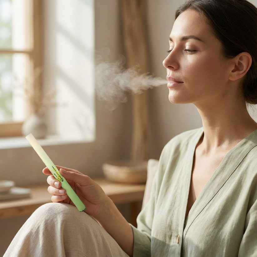 Exhaling and relaxing after using the Oluna Mullein Relaxation Stick