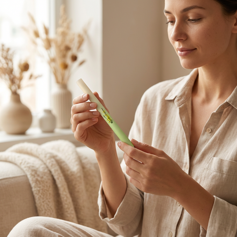 Holding the Oluna Mullein Relaxation Stick and getting ready to use it